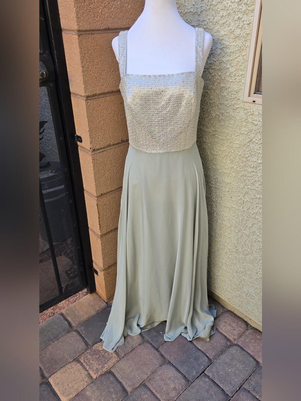 Cameron Blake By Mon Cheri Elegant Beaded Square-Neck Evening Dress Light Sage